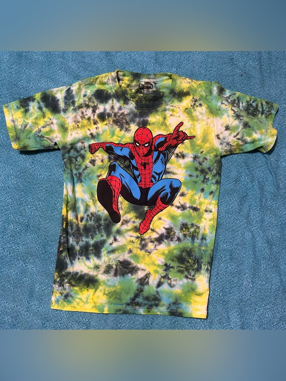 Marvel Spider-Man Tie-Dye Tee - Yellow Green Black T-Shirt Adult Small